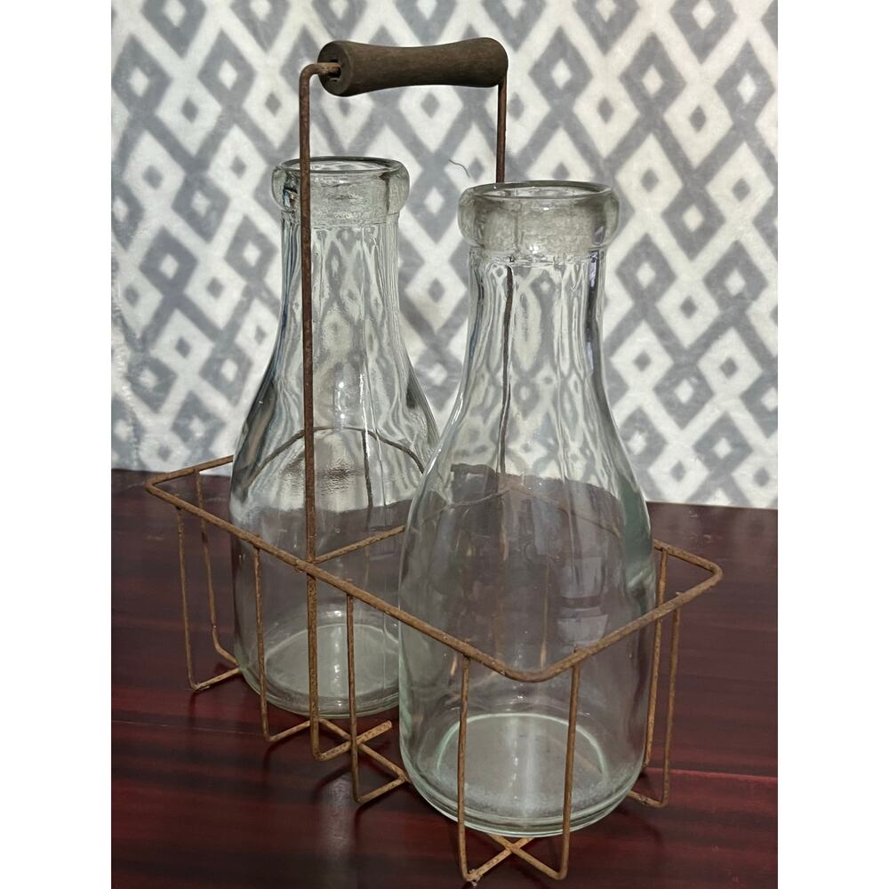 VTG Milk Bottles Rustic Metal Carrier Farmhouse Decor Cottage Core Dairy Cow - Picture 4 of 9